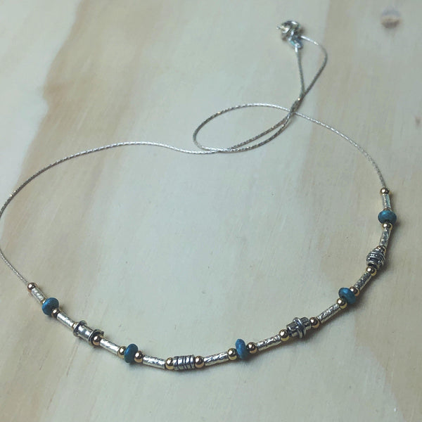 Necklace silv gold turq beads tubes isr - La Trobe Jewellery