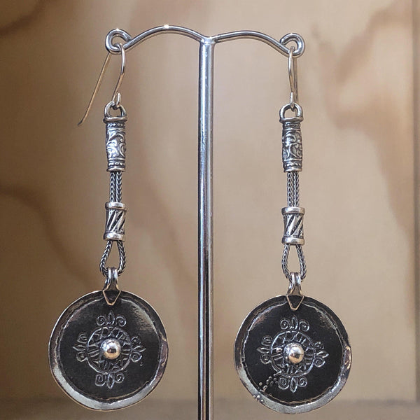 Israeli Earrings Engraved Beaten Silver Discs Long Drops - La Trobe Jewellery