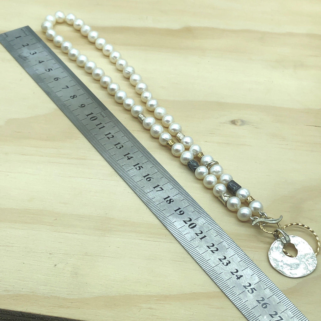 Sterling Silver, Gold & White Pearl Israeli Necklace - La Trobe Jewellery