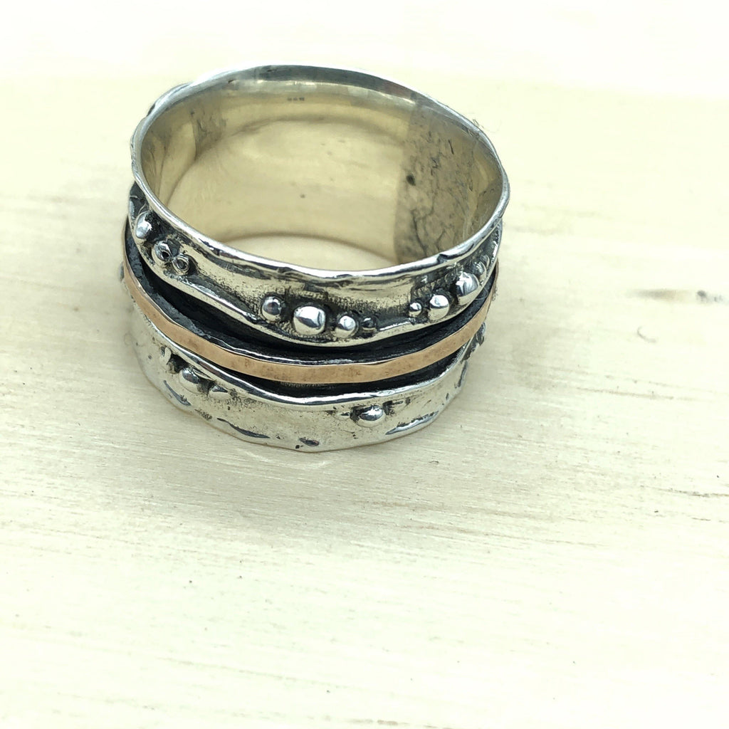 Israeli Fancy Beaten Silver Ring with 14ct Rose Gold Spinner - La Trobe Jewellery