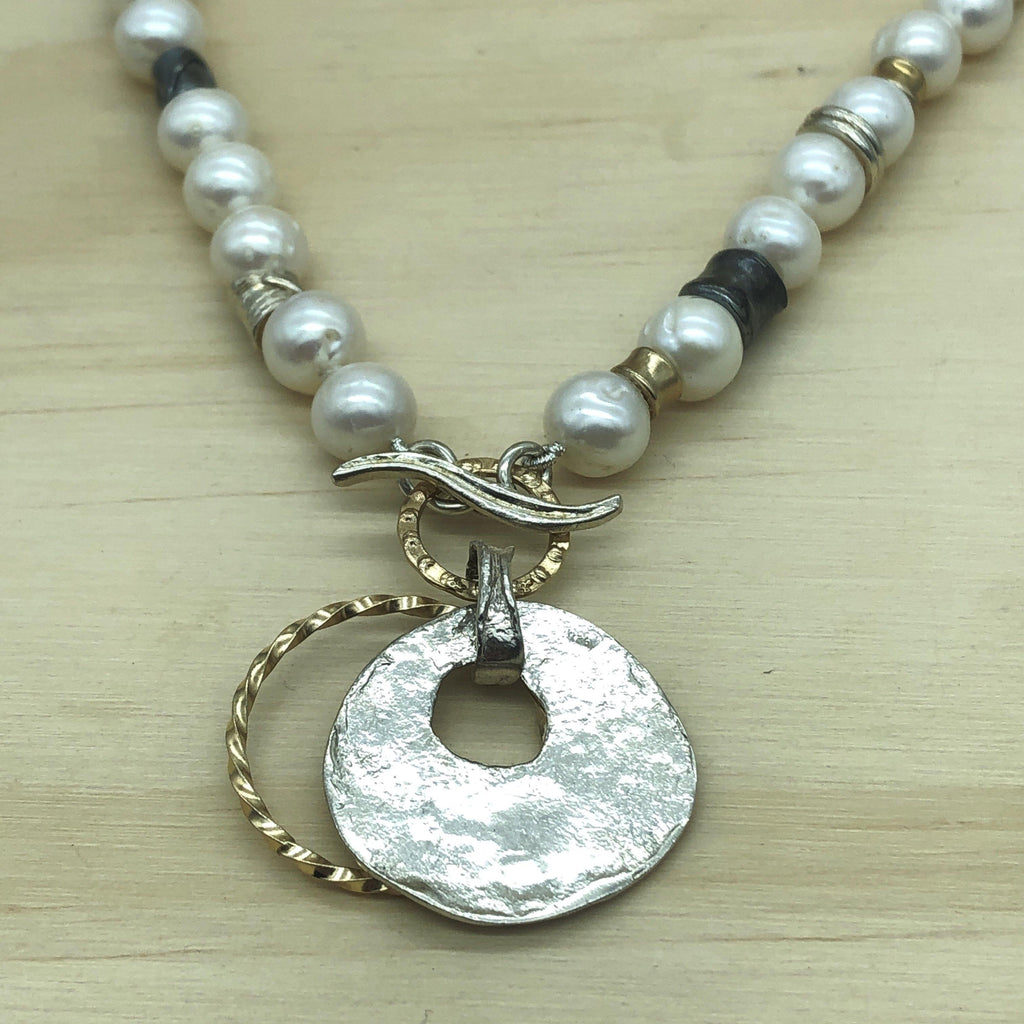 Sterling Silver, Gold & White Pearl Israeli Necklace - La Trobe Jewellery