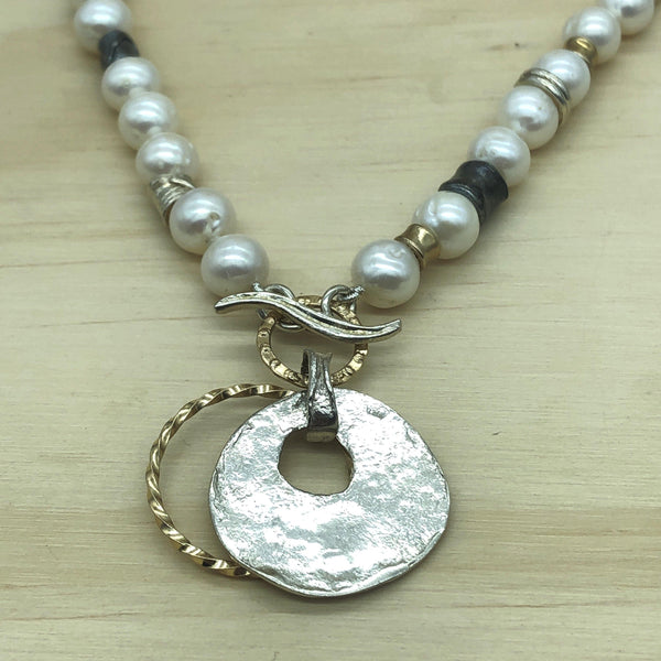 Sterling Silver, Gold & White Pearl Israeli Necklace - La Trobe Jewellery