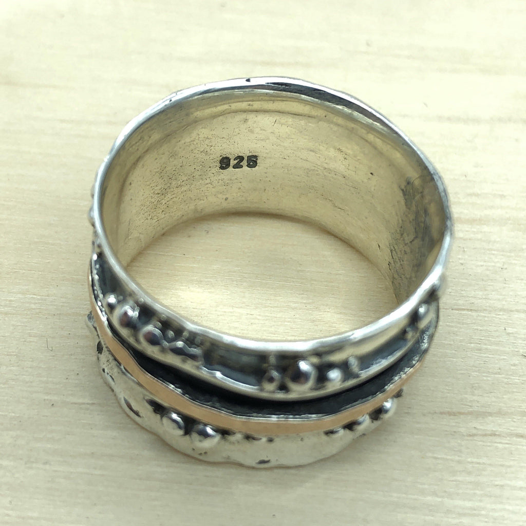 Israeli Fancy Beaten Silver Ring with 14ct Rose Gold Spinner - La Trobe Jewellery