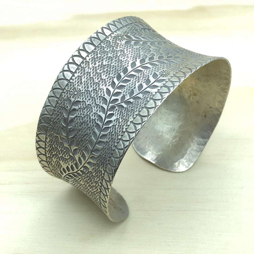 Sterling Silver Bangle cuff xwide etch vines&flowers ht - La Trobe Jewellery