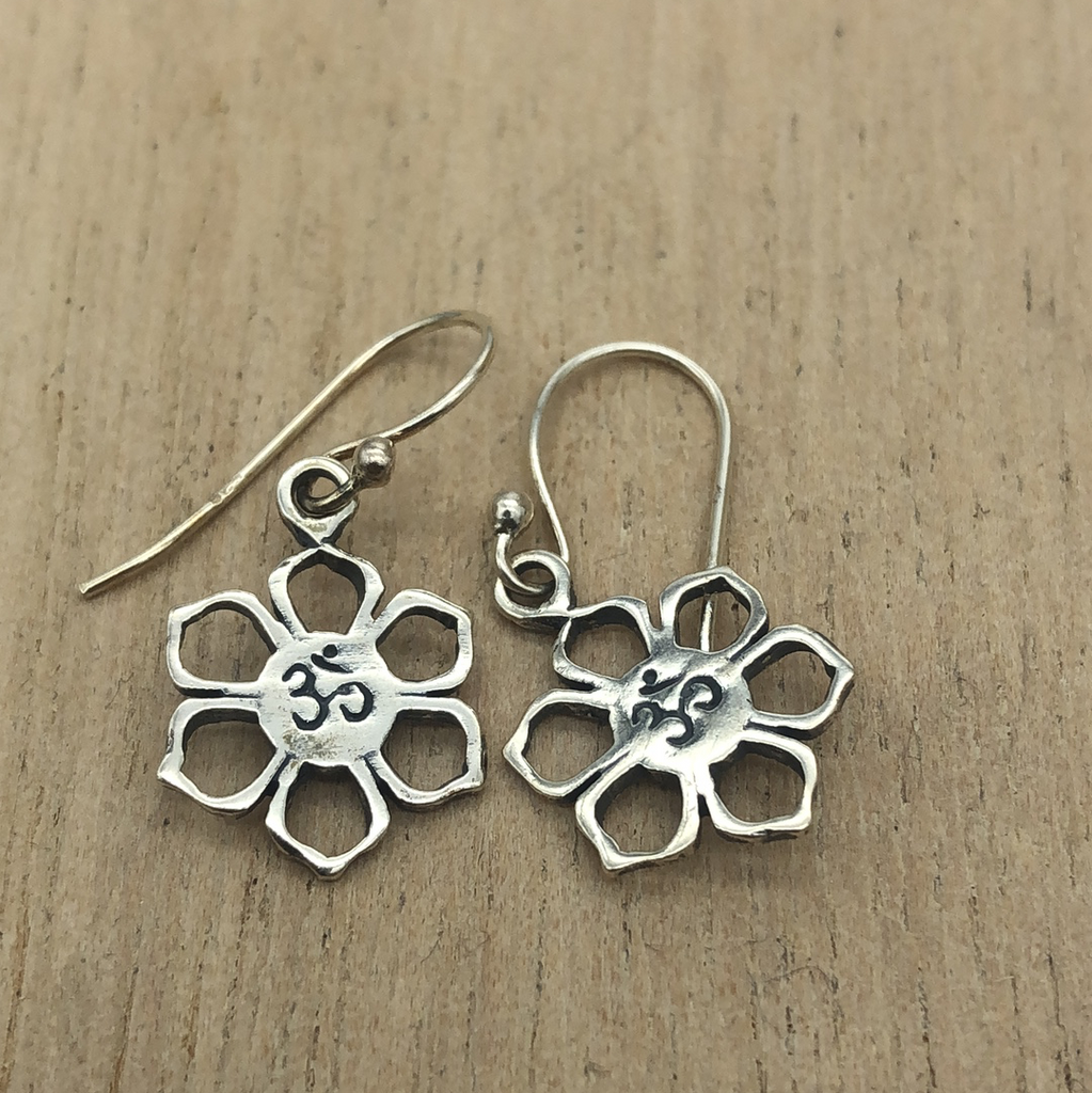 Sterling Silver Earrings flower open cut with Ohm symbol in centre - La Trobe Jewellery