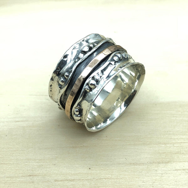 Israeli Fancy Beaten Silver Ring with 14ct Rose Gold Spinner - La Trobe Jewellery