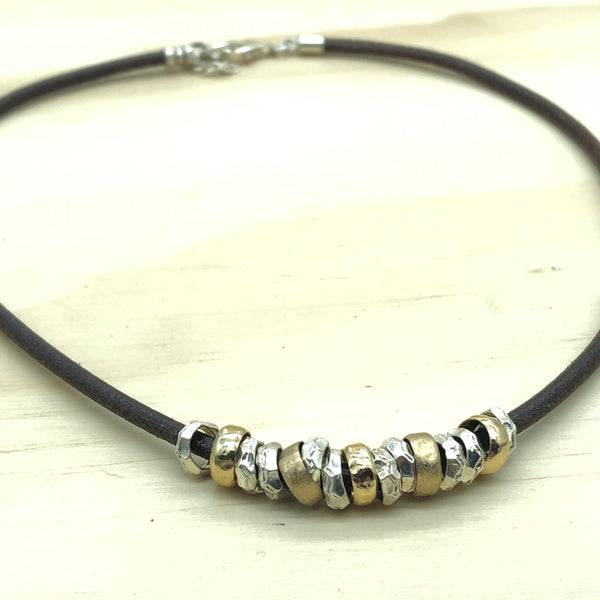 Sterling Silver, Gold & Leather Israeli Necklace - La Trobe Jewellery