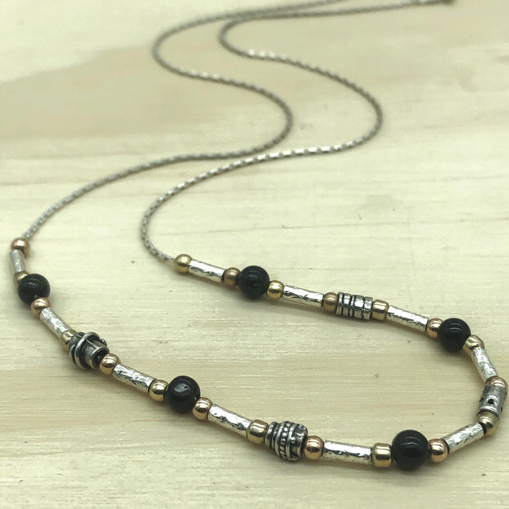 Sterling Silver, Gold & Onyx Israeli Necklace - La Trobe Jewellery