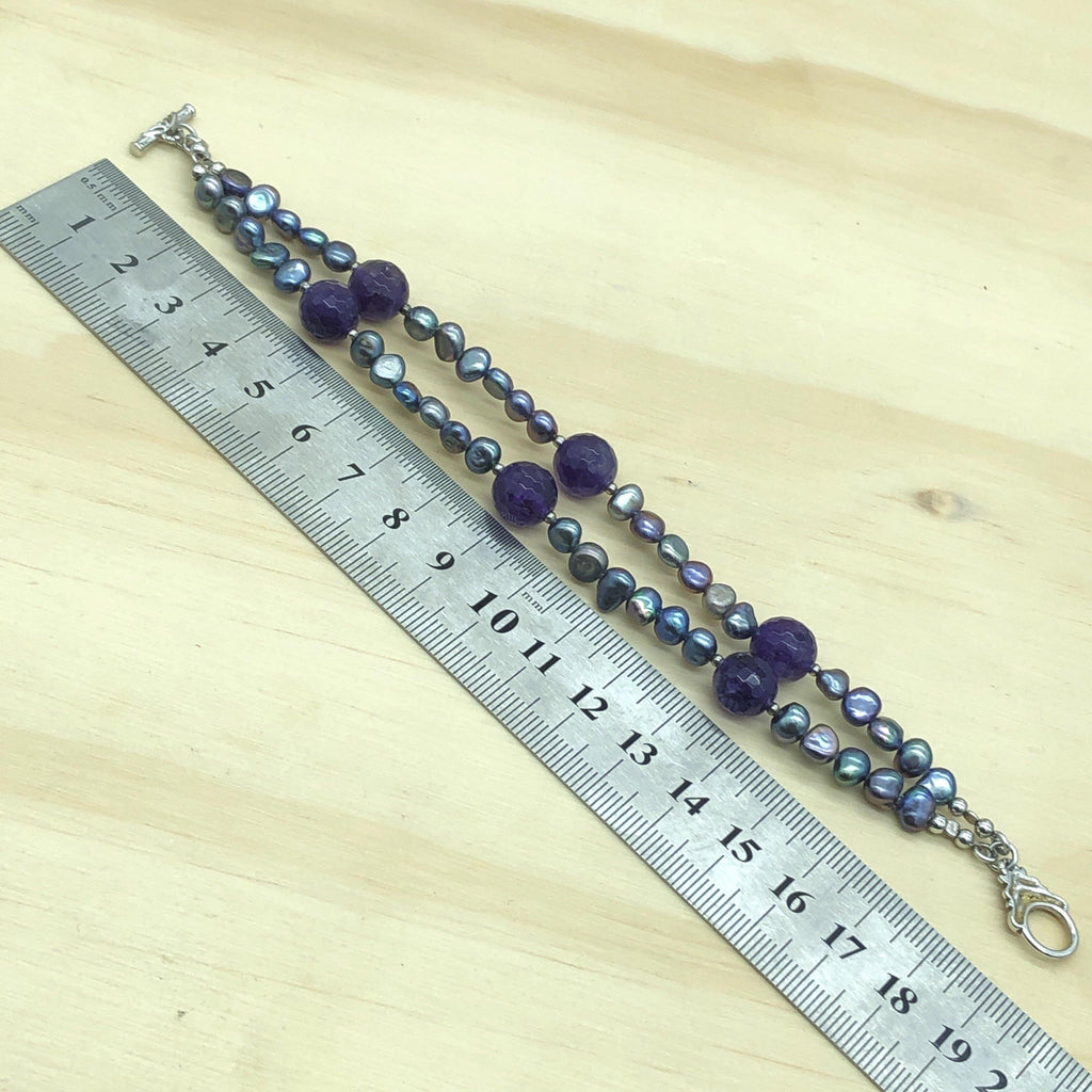Sterling Silver Bracelet pearl black & amethyst x2 strand - La Trobe Jewellery