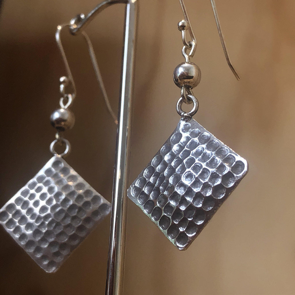 Sterling Silver Earrings hilltribe diamond shape beaten - La Trobe Jewellery