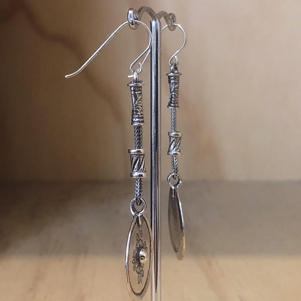 Israeli Earrings Engraved Beaten Silver Discs Long Drops - La Trobe Jewellery