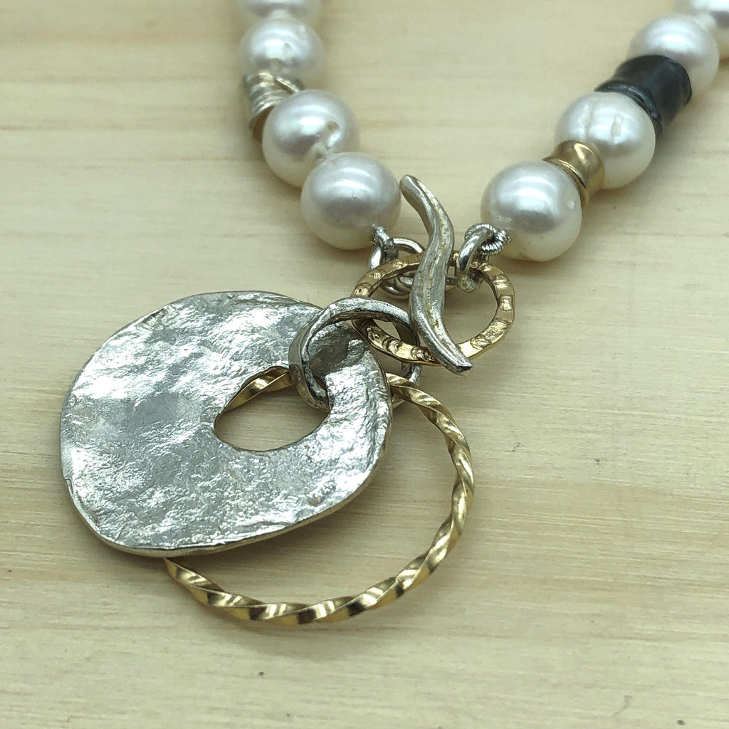 Sterling Silver, Gold & White Pearl Israeli Necklace - La Trobe Jewellery