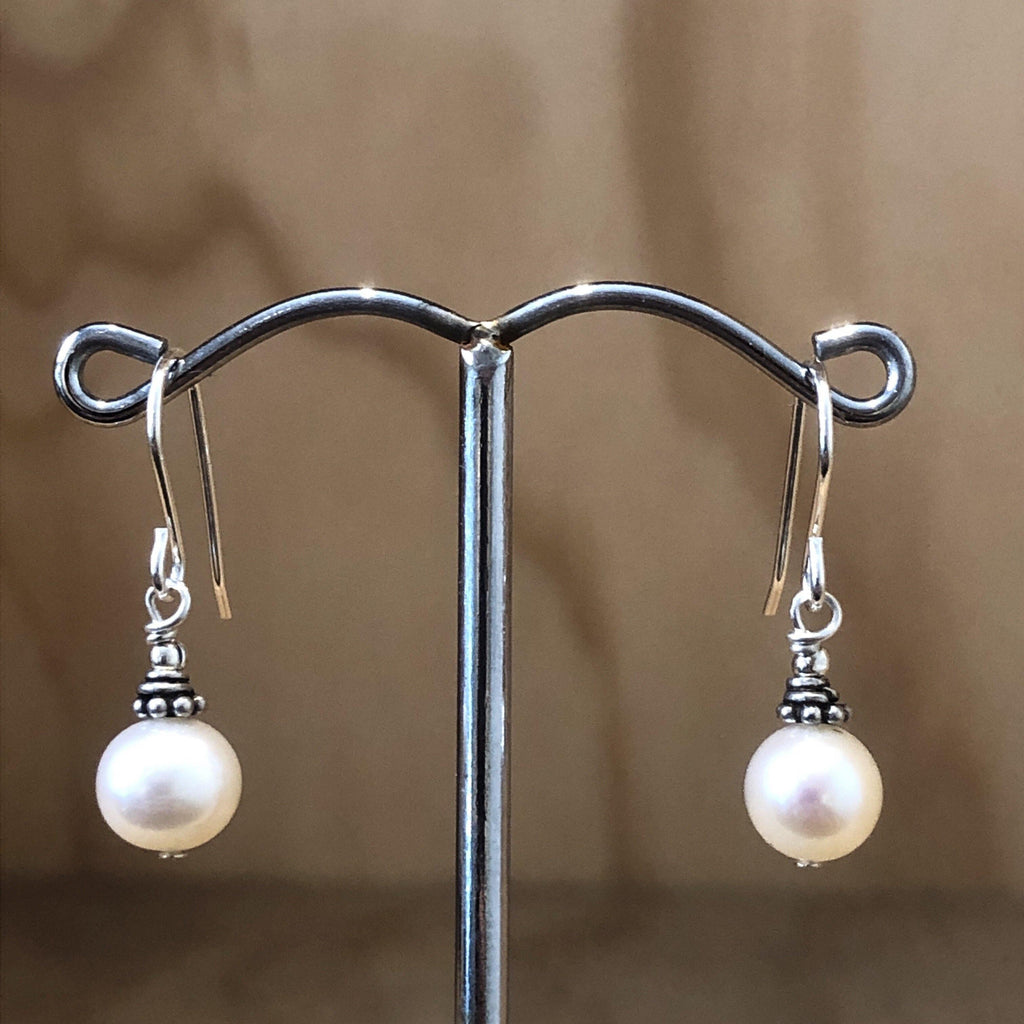 Sterling Silver Earrings pearl white & antique fancy bead - La Trobe Jewellery