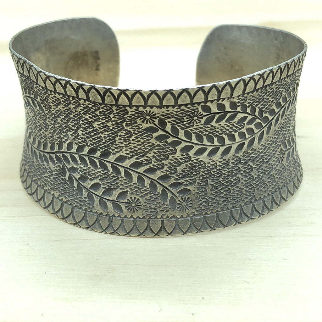 Sterling Silver Bangle cuff xwide etch vines&flowers ht - La Trobe Jewellery