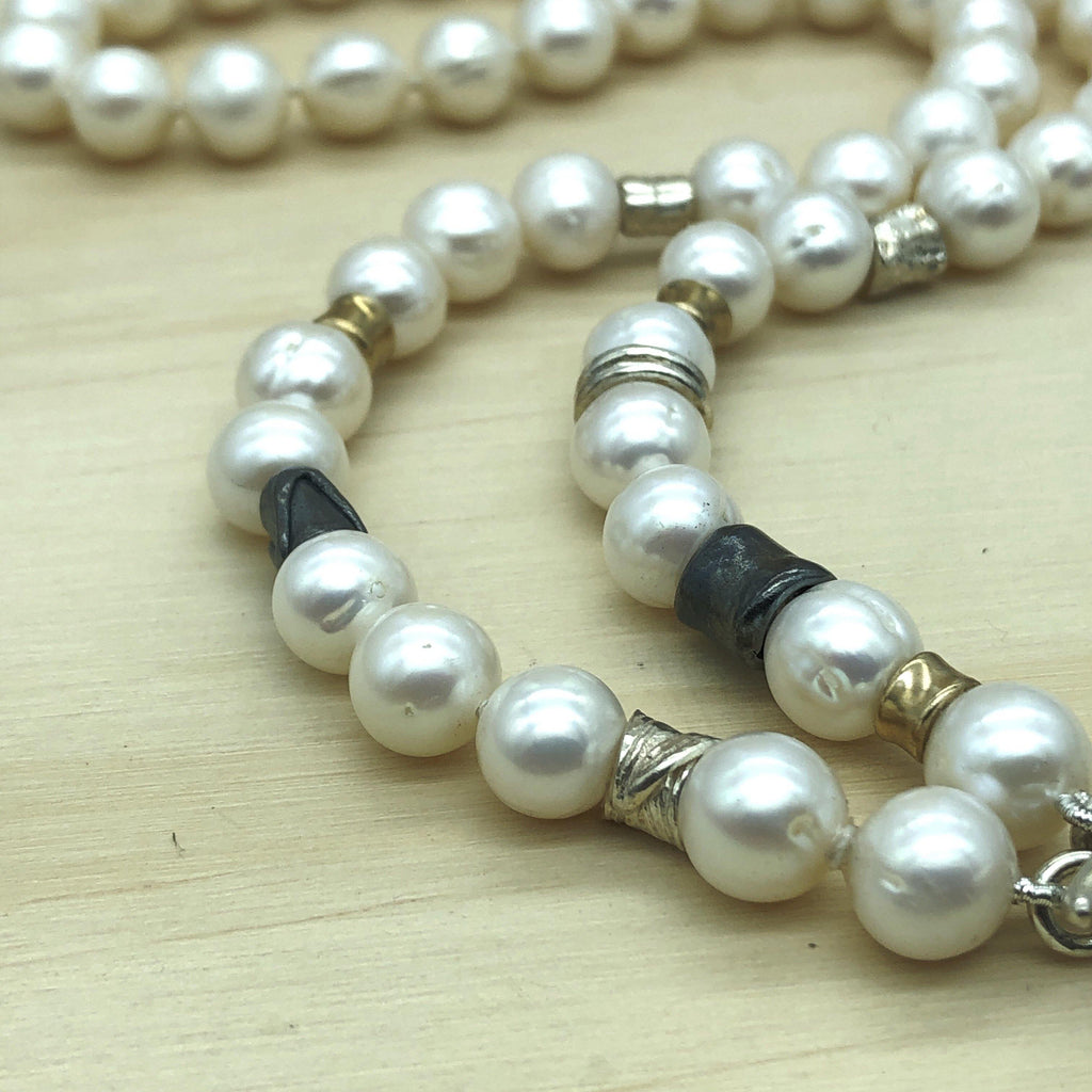 Sterling Silver, Gold & White Pearl Israeli Necklace - La Trobe Jewellery