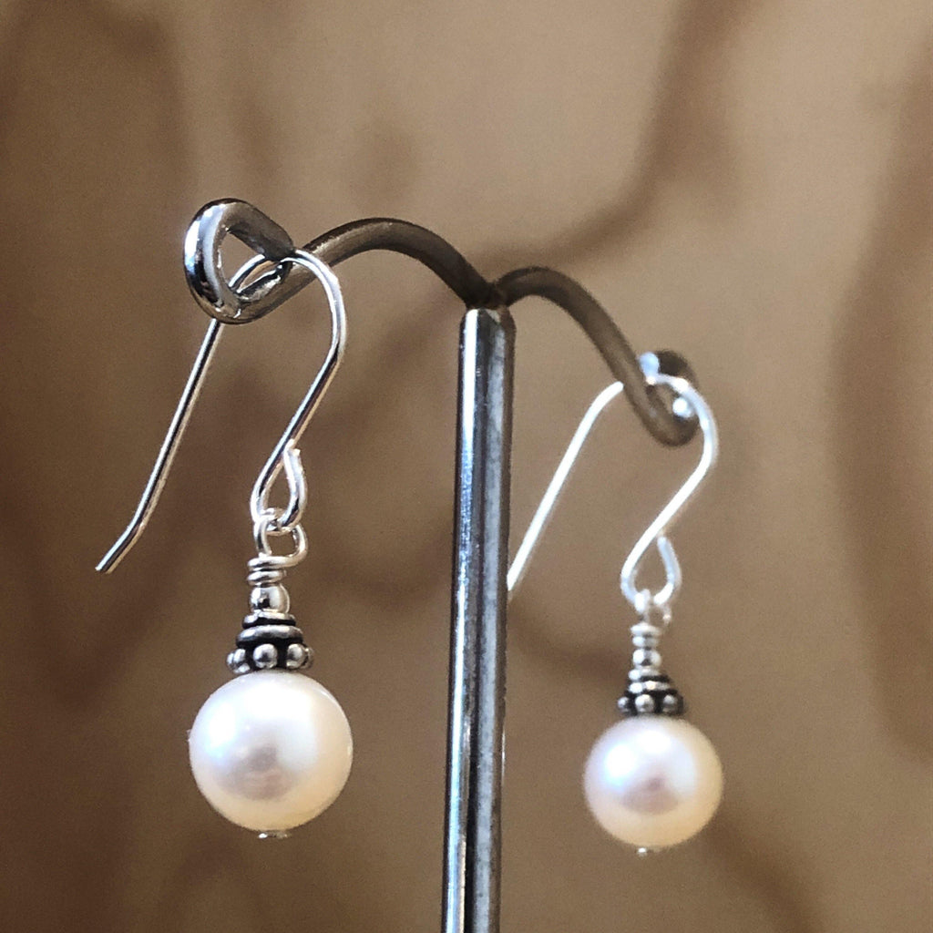 Sterling Silver Earrings pearl white & antique fancy bead - La Trobe Jewellery