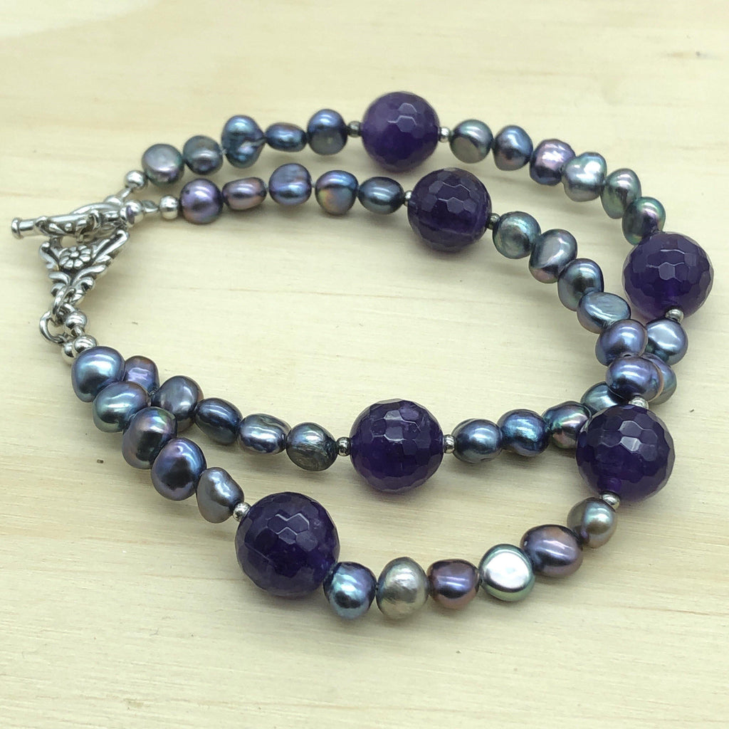 Sterling Silver Bracelet pearl black & amethyst x2 strand - La Trobe Jewellery